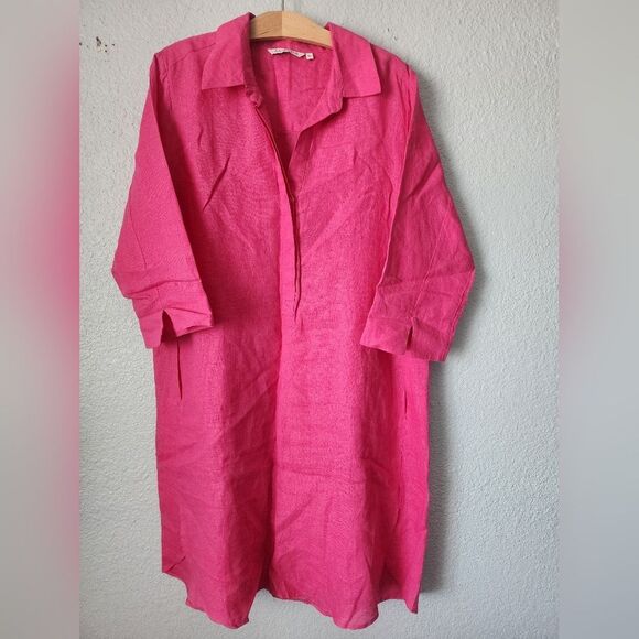 ANGOOR Women's Linen Pink Button Down Casual Dress side Pockets - Picture 1 of 13